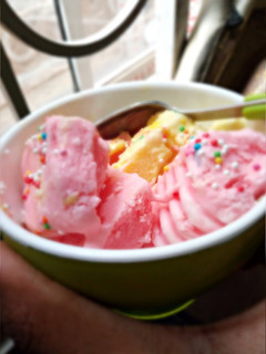 A picture of Strawberry and fresh vanilla ice cream*.