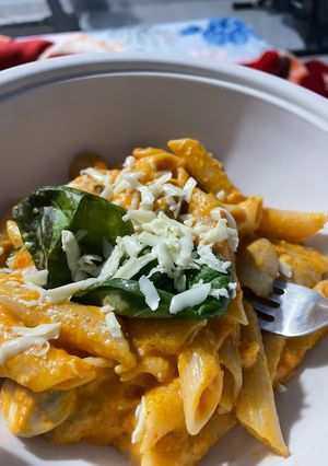 A picture of Mushroom in pink sauce pasta.