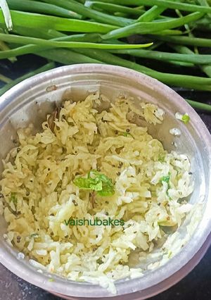 A picture of Cucumber,Mint and Lemon grass Koshimbir with Tulsi leaves.