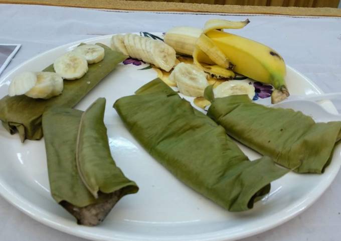 Steamed banana cake wrapped in banana leaves