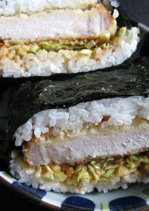 A picture of Tonkatsu Onigirazu (Rice Sandwich).