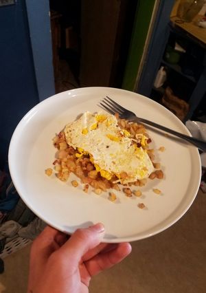 A picture of Hunters duck egg breakfast.