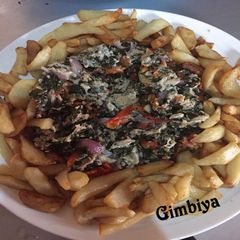 A picture of Moringa egg sauce and chips #B/Fast #Abuja.