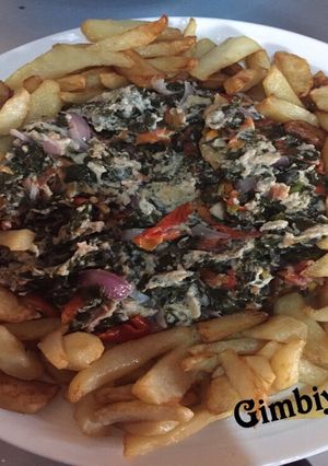 A picture of Moringa egg sauce and chips #B/Fast #Abuja.