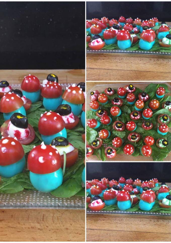 Una foto de Setas 🍄 monstruosas y ojitos de mozzarella para Halloween 🎃
