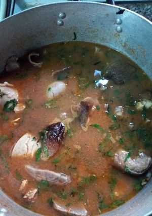 A picture of Goat Meat Assorted Peppersoup.