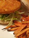 Chicken burger with Cajun spiced sweet potato chips