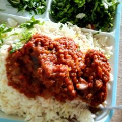 A picture of Rice and Stew with salad. # kano.