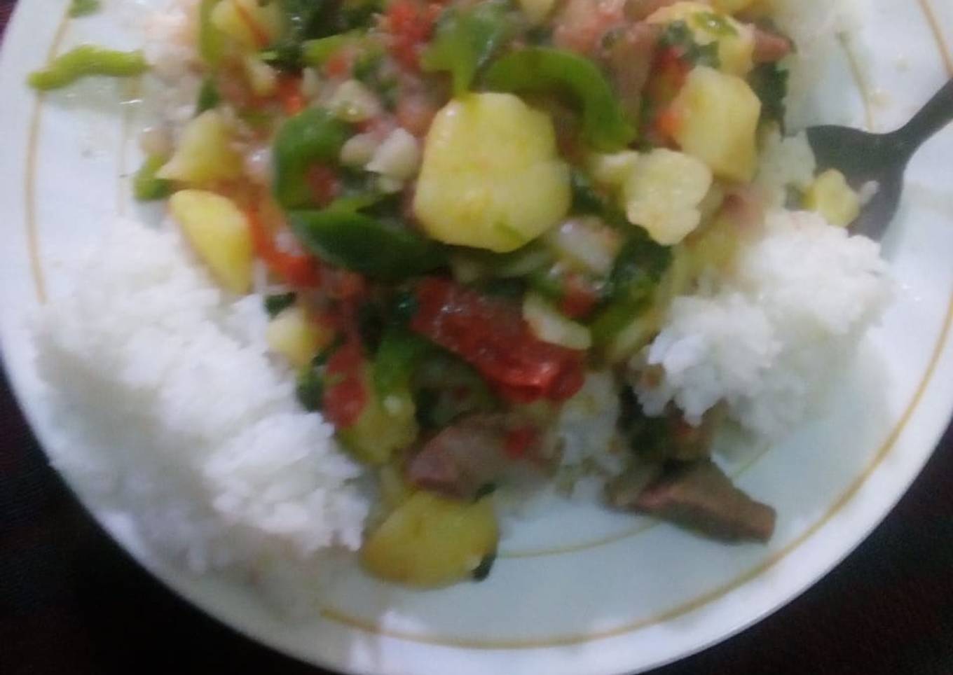 Boiled rice served with beefstew # authormarathon#