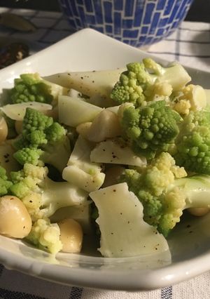 A picture of Butter romanesco cauliflower with roasted macadamia 🥦.
