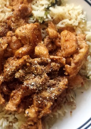 A picture of Teriyaki chicken and rice.