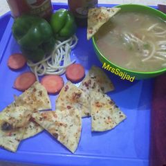 A picture of Crispy Garlic Pita Toast With Minestrone Soup.