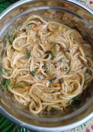 A picture of Indo Italian Spicy Spaghetti.