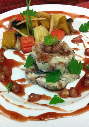 A picture of Kanya's Baked Sea Bass With Pink Honey Sauce.