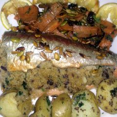 A picture of Sig's trout with couscous and herbs.