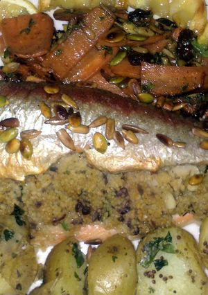 A picture of Sig's trout with couscous and herbs.