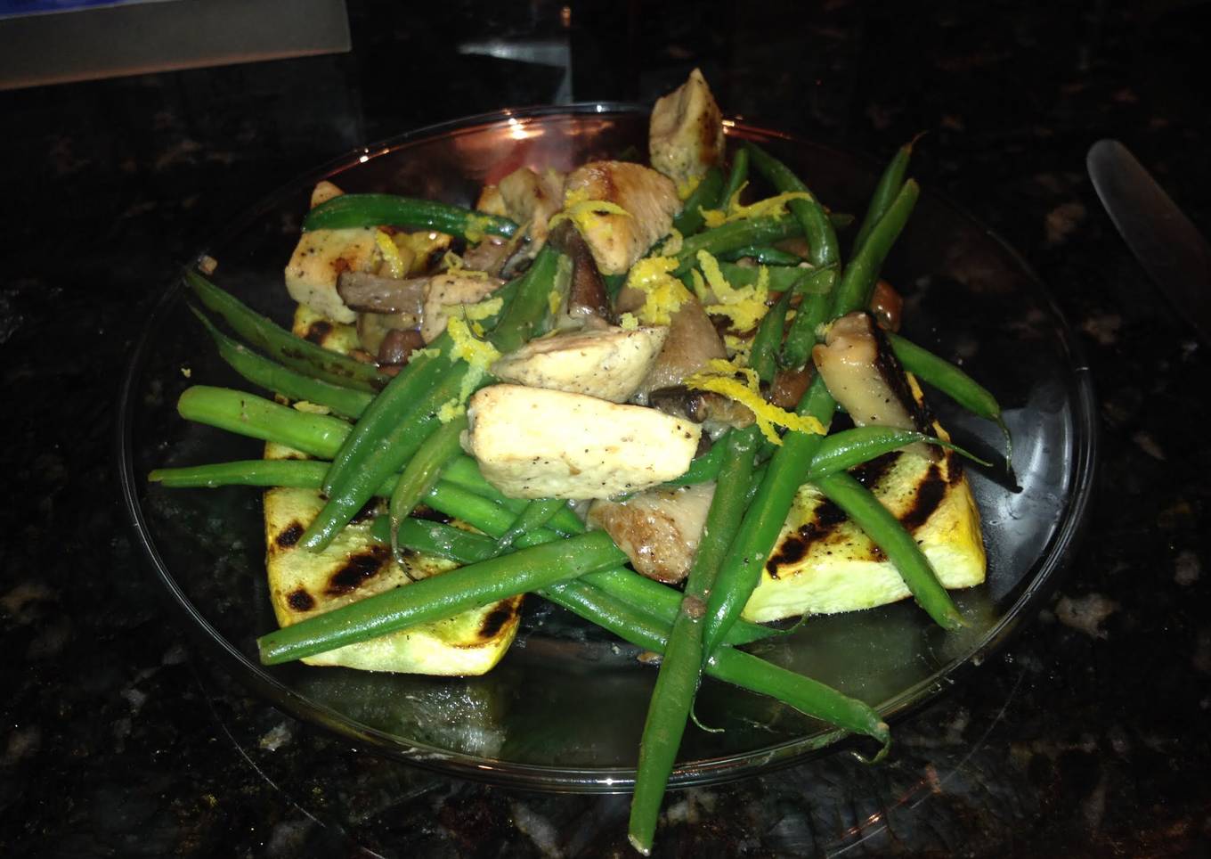 Grilled Squash & Halibut w/ Green Beans & Portobellos