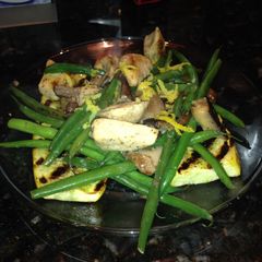 A picture of Grilled Squash & Halibut w/ Green Beans & Portobellos.