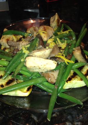 A picture of Grilled Squash & Halibut w/ Green Beans & Portobellos.
