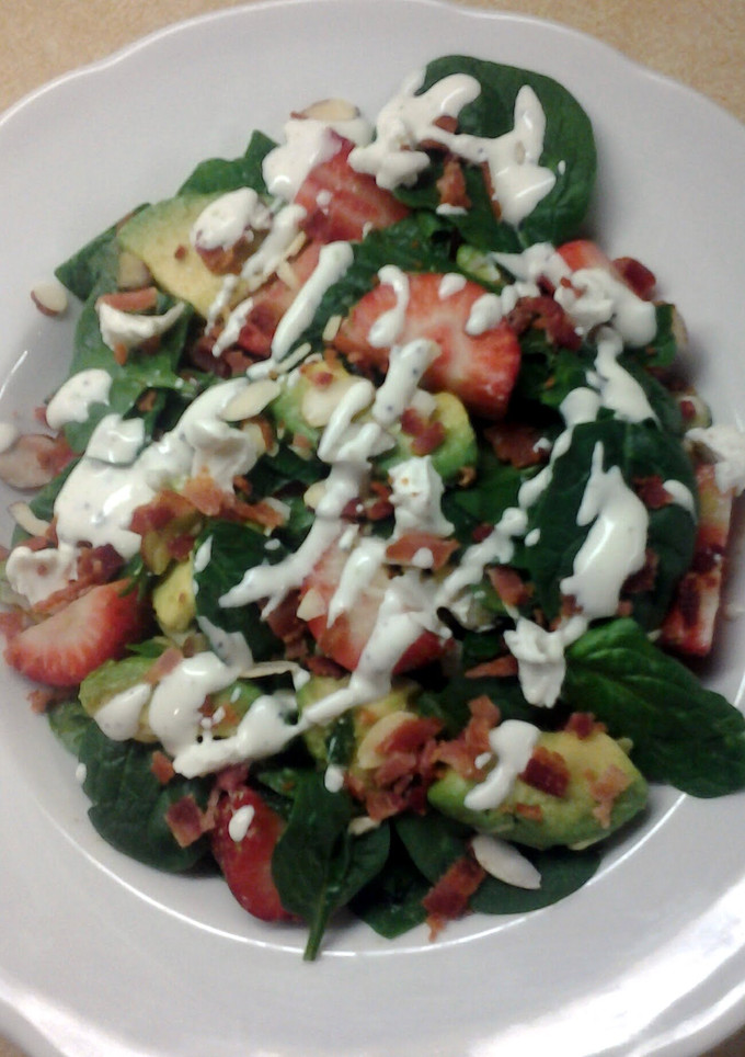 A picture of Bacon Avacado & Spinach Salad with Yogurt Lime Poppyseed Dressing.