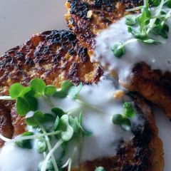 A picture of Sig's Carrot Rosti with Garlic and Cress Dip.