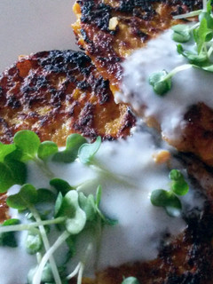 A picture of Sig's Carrot Rosti with Garlic and Cress Dip.