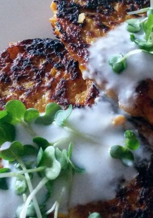 A picture of Sig's Carrot Rosti with Garlic and Cress Dip.