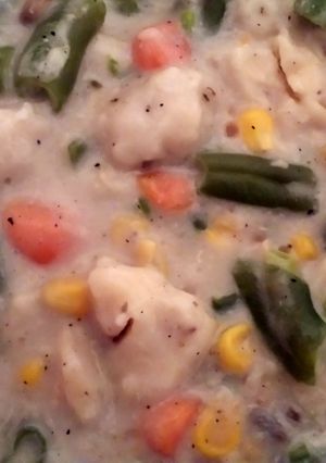 A picture of Chicken and dumpling soup.