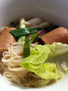 A picture of Somen Noodle Soup With Sausages.