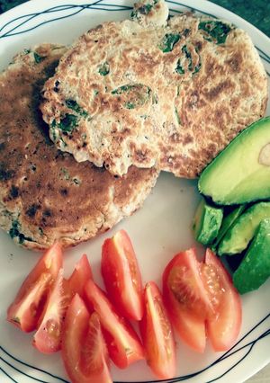 A picture of Homemade oat spinach pancakes.