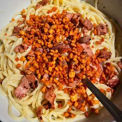 A picture of My little twist on a quick and easy spaghetti carbonara!.