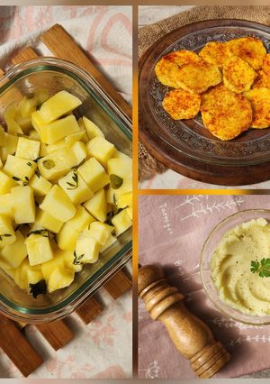 Una foto de 🥔♨️ Papas al microondas ♨️ 3 versiones: puré, a las finas hierbas y crunchy ♨️🥔