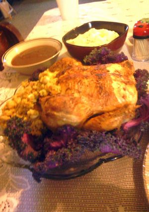 A picture of Roast Chicken with stuffing.