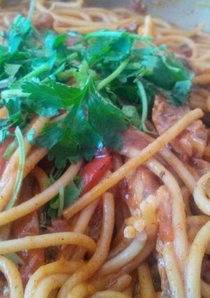 A picture of Spaghetti with spicy pilchards.