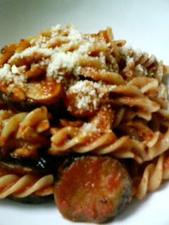 A picture of Chicken and Eggplant Tomato Sauce Pasta.