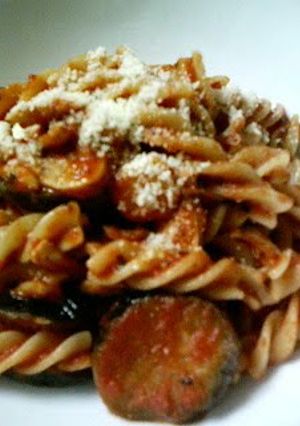 A picture of Chicken and Eggplant Tomato Sauce Pasta.