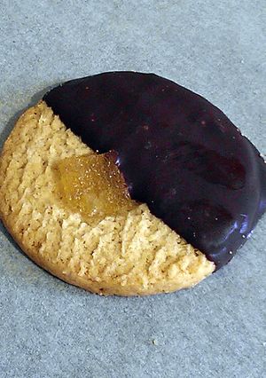 A picture of Vickys Chocolate Coated Ginger Cookies, GF DF EF SF NF.