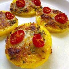 Mini Polenta Pizzas With Tomatoes And Pesto A picture of Mini Polenta Pizzas With Tomatoes And Pesto.