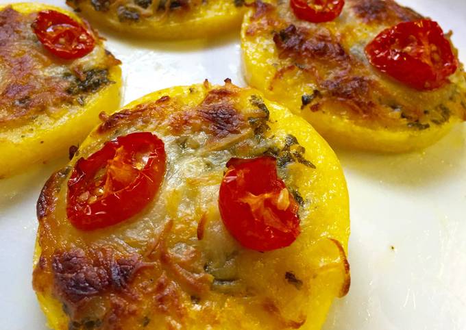 How to Make Super Quick Homemade Mini Polenta Pizzas With Tomatoes And Pesto