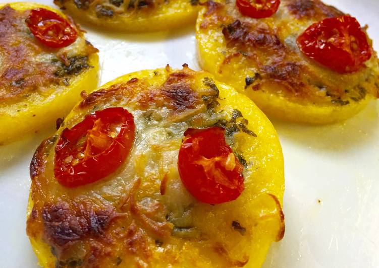 Recipe: Perfect Mini Polenta Pizzas With Tomatoes And Pesto