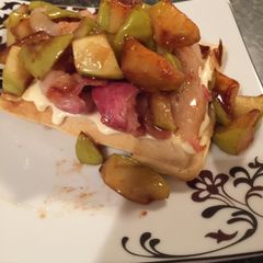 A picture of Caramelized Apple, Bacon, And Brie Waffles.