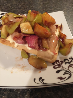 A picture of Caramelized Apple, Bacon, And Brie Waffles.