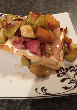 A picture of Caramelized Apple, Bacon, And Brie Waffles.