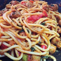 Sicily Lean Sausage Spaghetti With Freshly Picked Basil Leaves A picture of Sicily Lean Sausage Spaghetti With Freshly Picked Basil Leaves.
