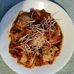 A picture of Tinklee's Easy Sausage Sauce and Frozen Ravioli.