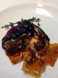 Roasted feta with Cava, thyme, blueberry compote and glass candy with toasted fennel and pecans