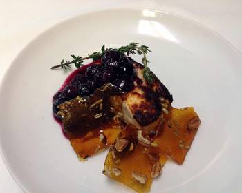 Ultimate Cooking Recipe Roasted feta with Cava thyme blueberry compote and glass candy with toasted fennel and pecans Delicious Perfect