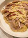 Mezzelune di saragolla con patate e crema di ceci