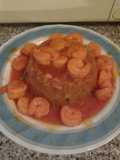 Mofongo and shrimp in red garlic sauce