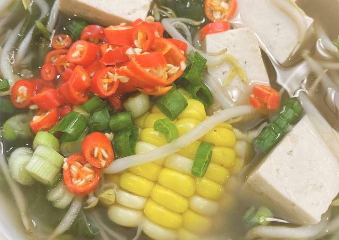 Cara membuat Sup bayam jagung tahu tauge Vegan
